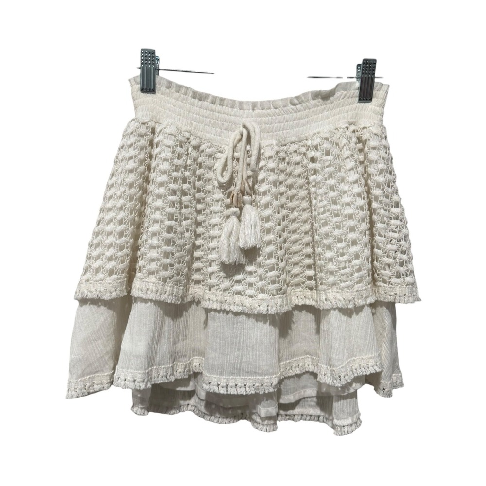 Surf Gypsy Mini Skirt Sz S White Smocked Ruffle Tiered Beach Swim Cover Up Boho